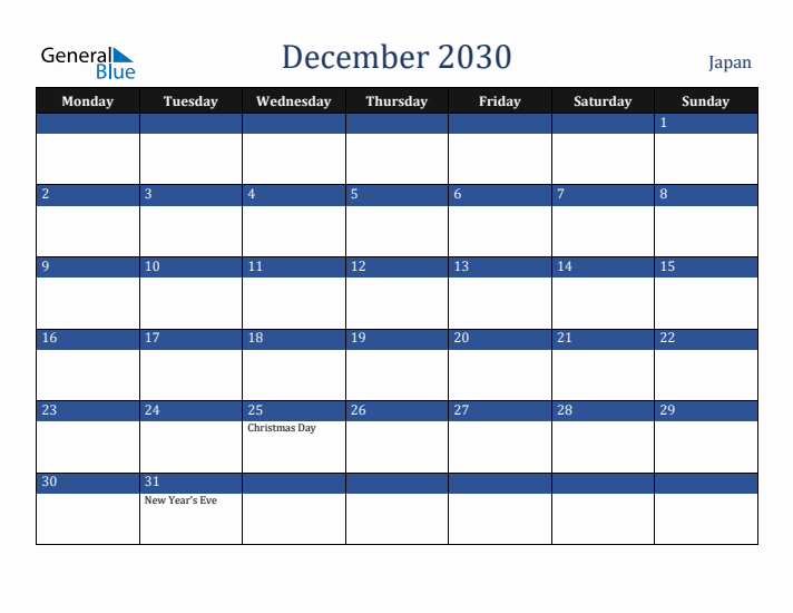 December 2030 Japan Calendar (Monday Start)