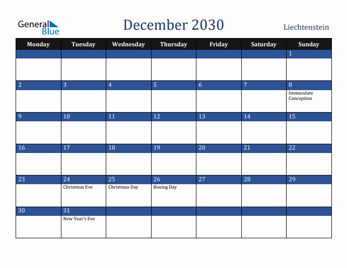 December 2030 Liechtenstein Calendar (Monday Start)