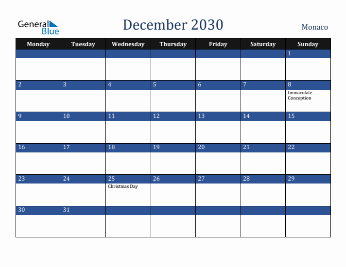 December 2030 Monaco Calendar (Monday Start)
