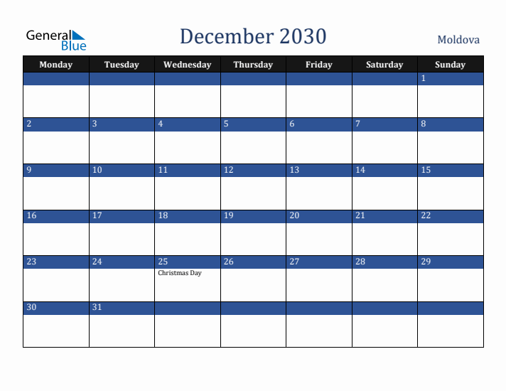 December 2030 Moldova Calendar (Monday Start)