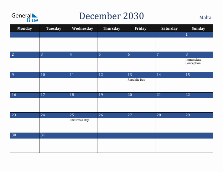 December 2030 Malta Calendar (Monday Start)