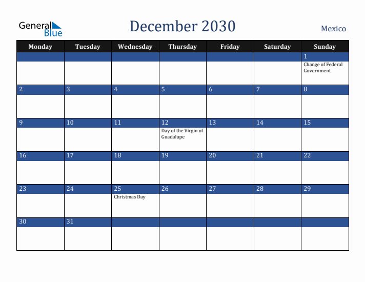 December 2030 Mexico Calendar (Monday Start)