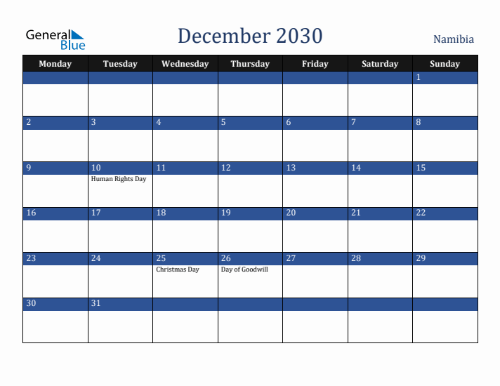 December 2030 Namibia Calendar (Monday Start)