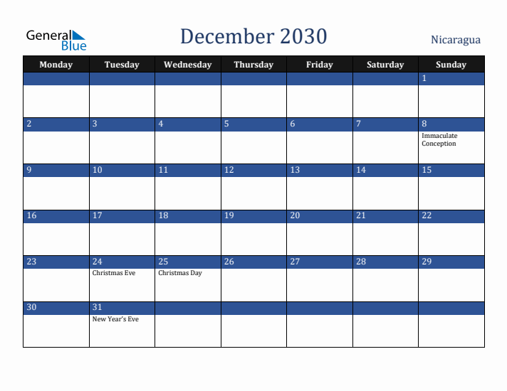 December 2030 Nicaragua Calendar (Monday Start)