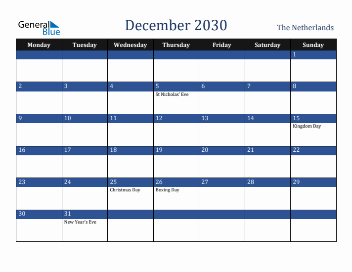 December 2030 The Netherlands Calendar (Monday Start)