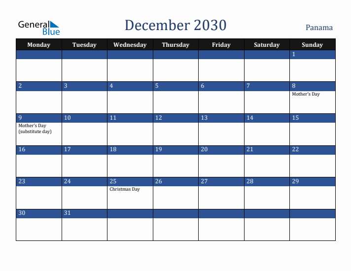 December 2030 Panama Calendar (Monday Start)