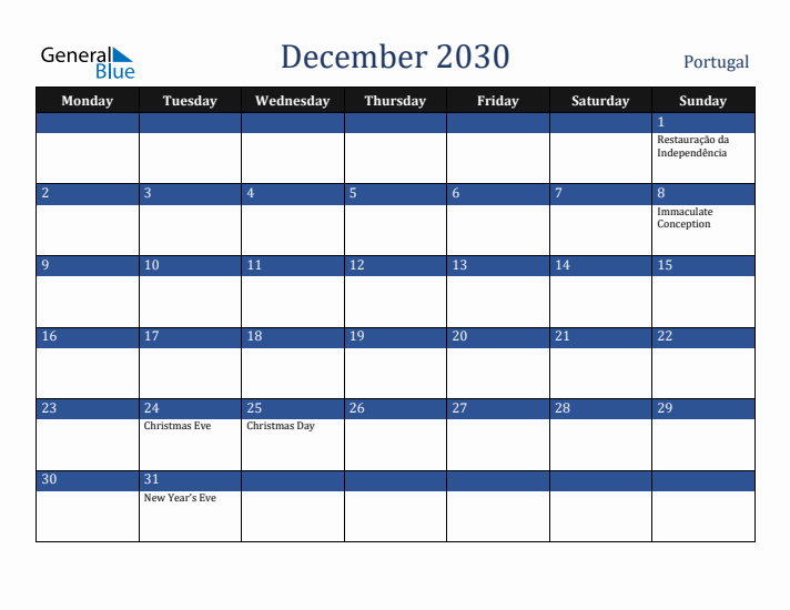 December 2030 Portugal Calendar (Monday Start)