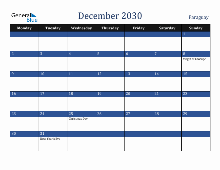 December 2030 Paraguay Calendar (Monday Start)