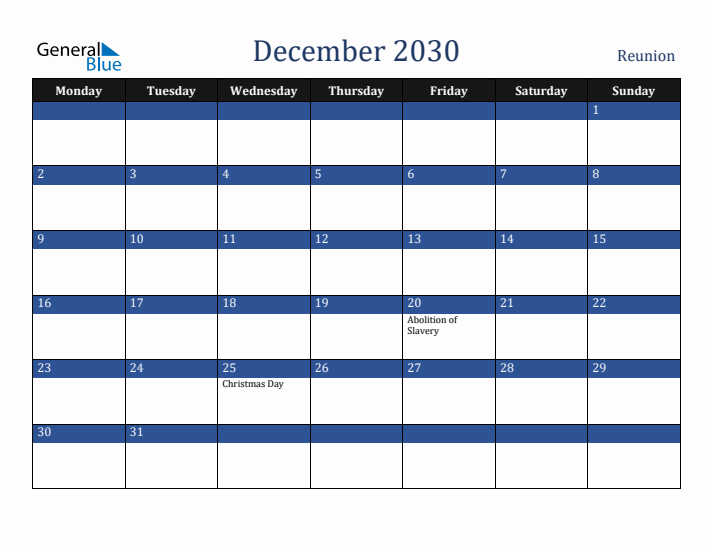 December 2030 Reunion Calendar (Monday Start)