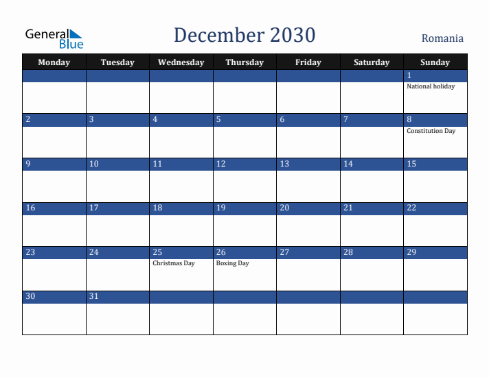 December 2030 Romania Calendar (Monday Start)