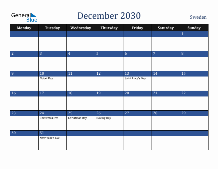 December 2030 Sweden Calendar (Monday Start)