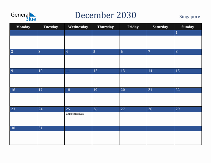 December 2030 Singapore Calendar (Monday Start)