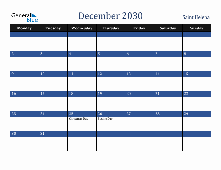 December 2030 Saint Helena Calendar (Monday Start)