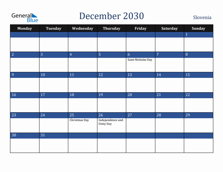 December 2030 Slovenia Calendar (Monday Start)
