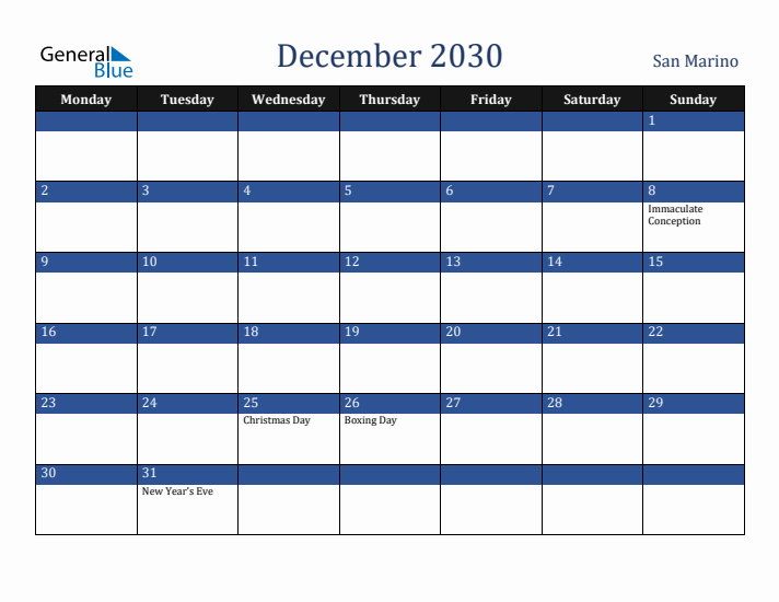 December 2030 San Marino Calendar (Monday Start)
