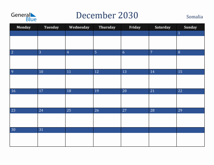 December 2030 Somalia Calendar (Monday Start)