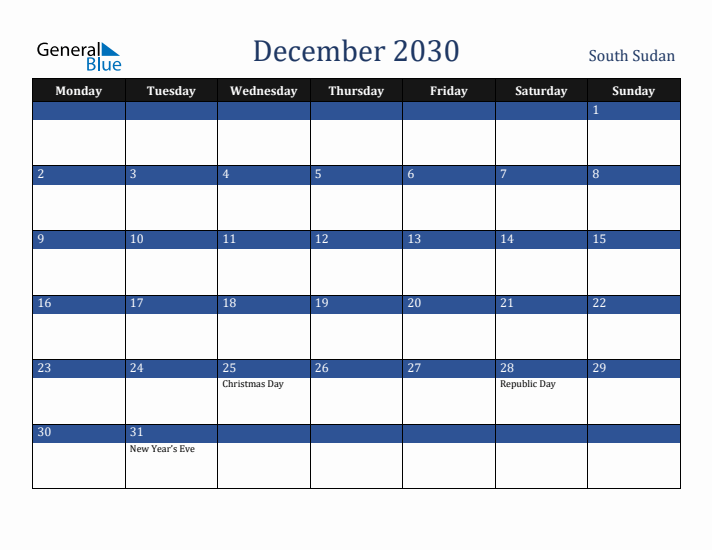 December 2030 South Sudan Calendar (Monday Start)