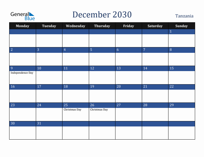 December 2030 Tanzania Calendar (Monday Start)