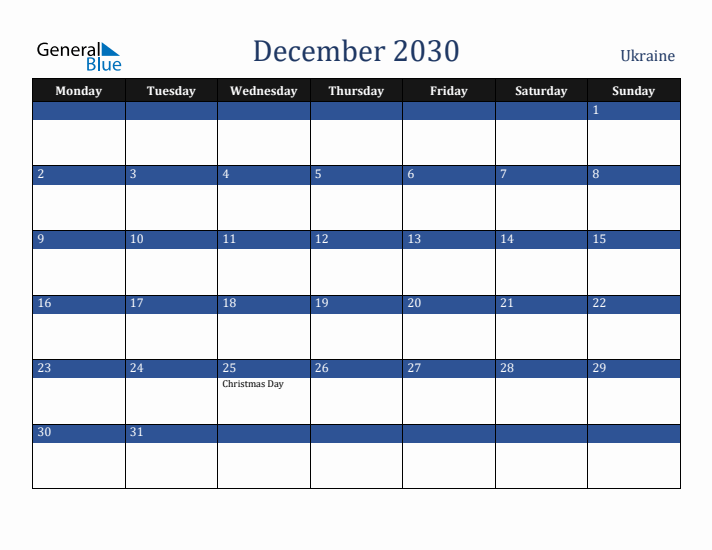 December 2030 Ukraine Calendar (Monday Start)
