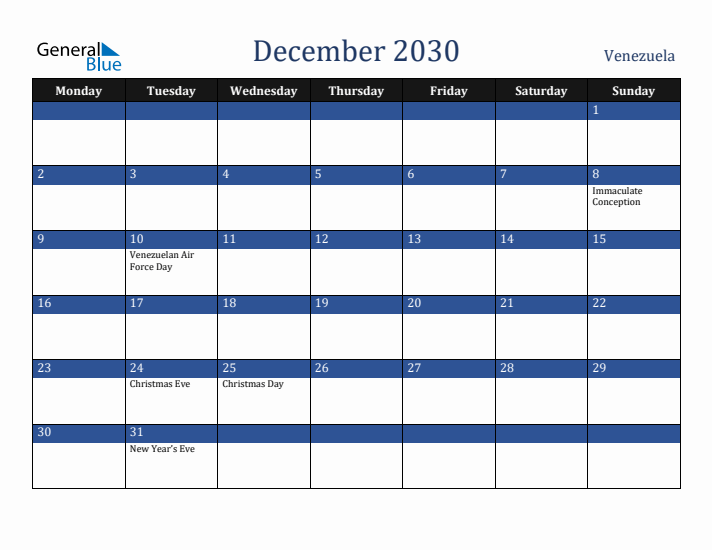 December 2030 Venezuela Calendar (Monday Start)