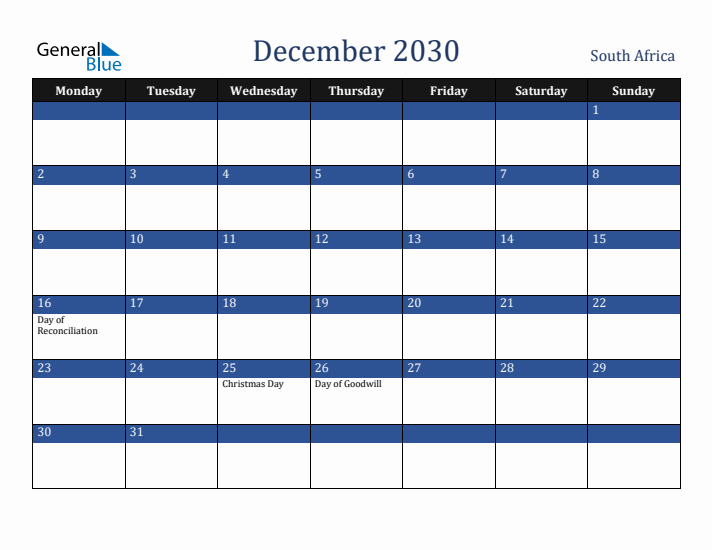 December 2030 South Africa Calendar (Monday Start)