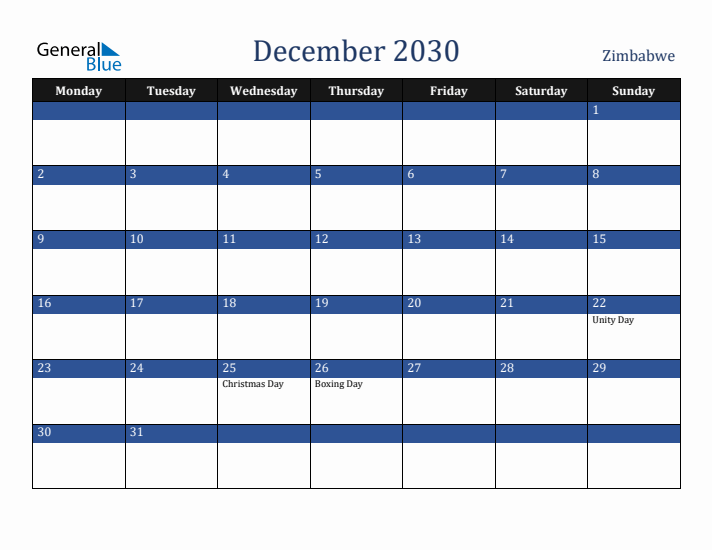 December 2030 Zimbabwe Calendar (Monday Start)