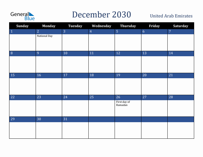 December 2030 United Arab Emirates Calendar (Sunday Start)