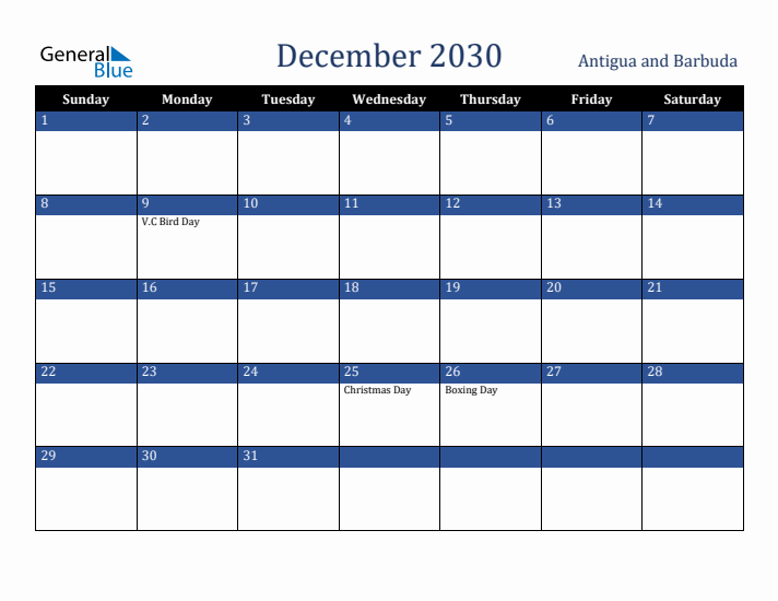 December 2030 Antigua and Barbuda Calendar (Sunday Start)