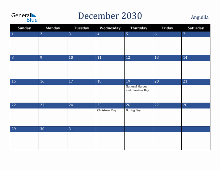 December 2030 Anguilla Calendar (Sunday Start)