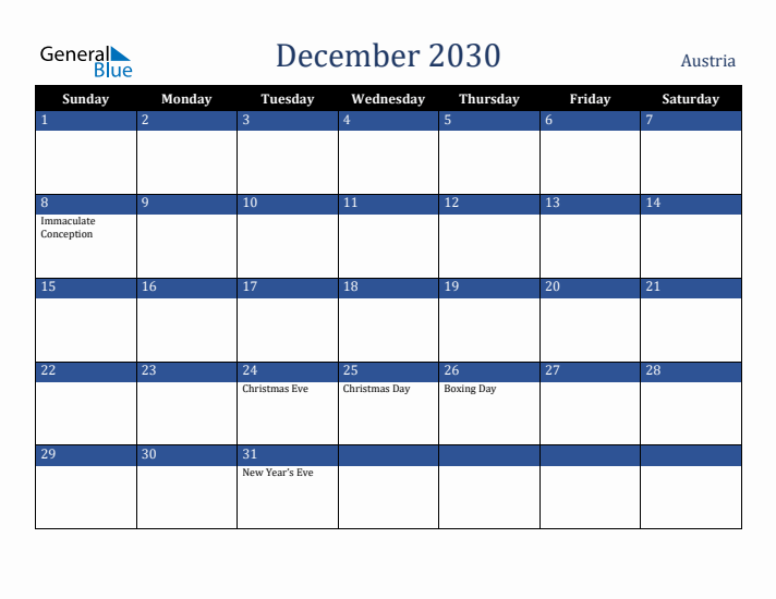 December 2030 Austria Calendar (Sunday Start)