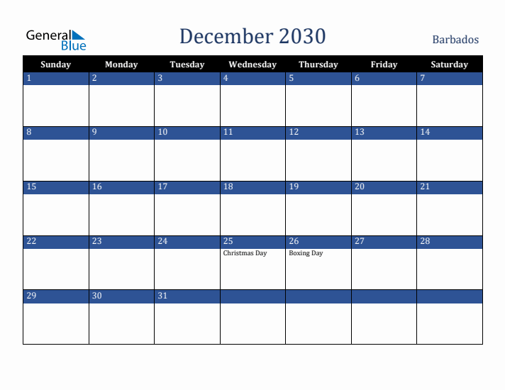 December 2030 Barbados Calendar (Sunday Start)