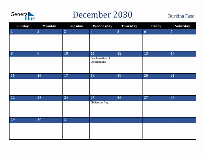 December 2030 Burkina Faso Calendar (Sunday Start)