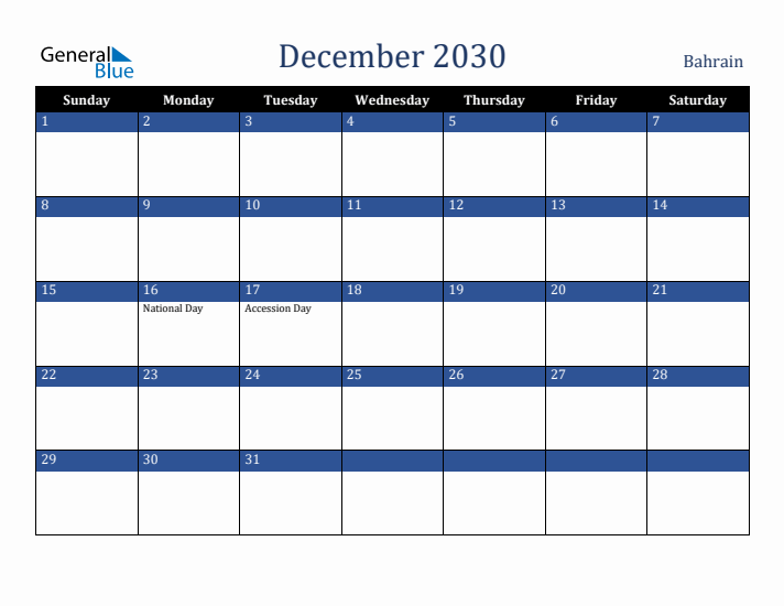 December 2030 Bahrain Calendar (Sunday Start)