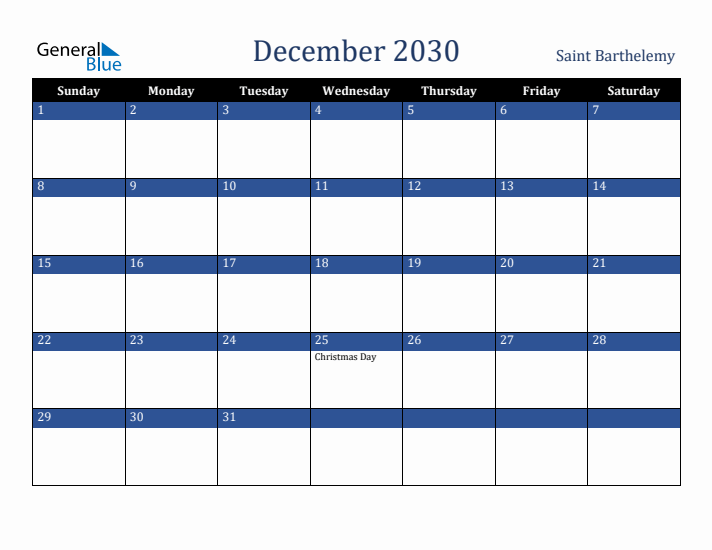 December 2030 Saint Barthelemy Calendar (Sunday Start)