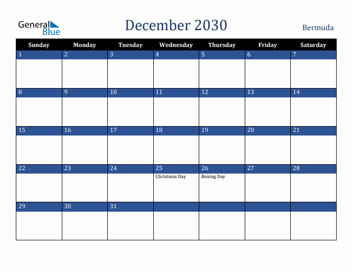 December 2030 Bermuda Calendar (Sunday Start)