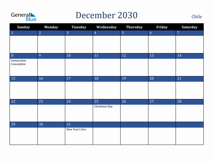 December 2030 Chile Calendar (Sunday Start)