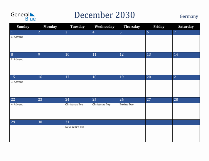 December 2030 Germany Calendar (Sunday Start)