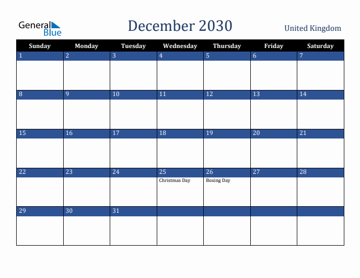 December 2030 United Kingdom Calendar (Sunday Start)