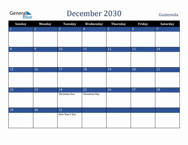 December 2030 Guatemala Calendar (Sunday Start)