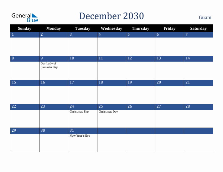 December 2030 Guam Calendar (Sunday Start)