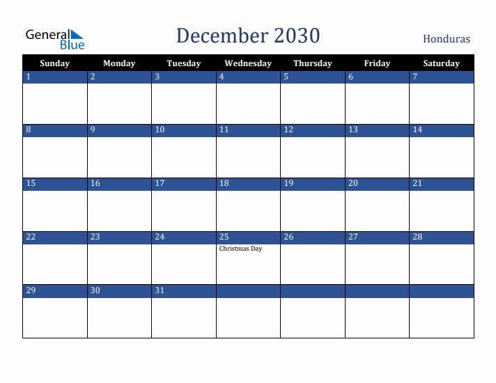 December 2030 Honduras Calendar (Sunday Start)
