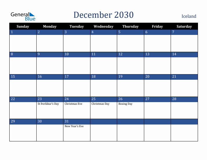 December 2030 Iceland Calendar (Sunday Start)
