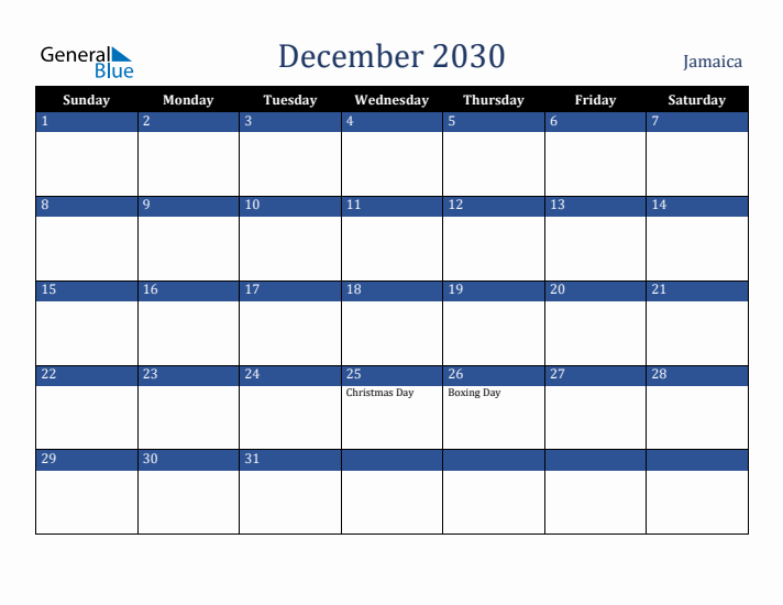 December 2030 Jamaica Calendar (Sunday Start)