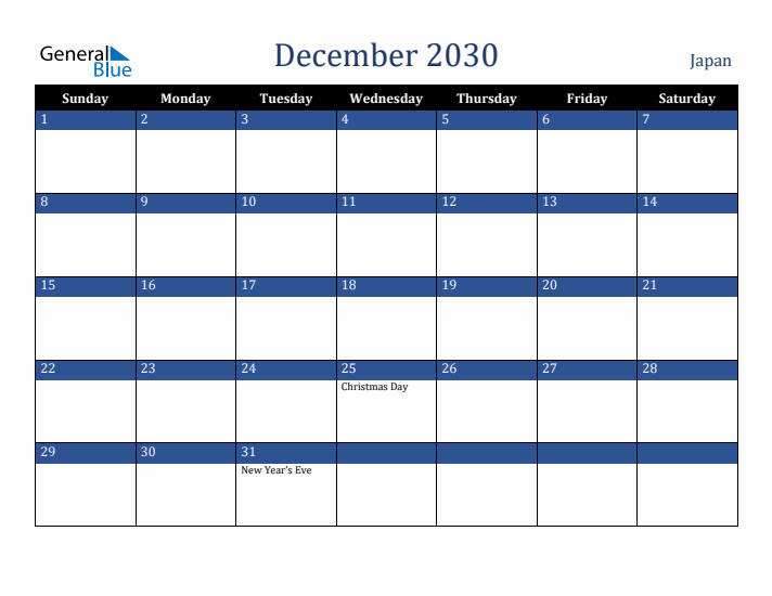 December 2030 Japan Calendar (Sunday Start)