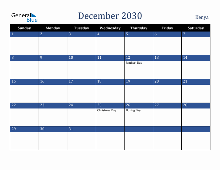 December 2030 Kenya Calendar (Sunday Start)