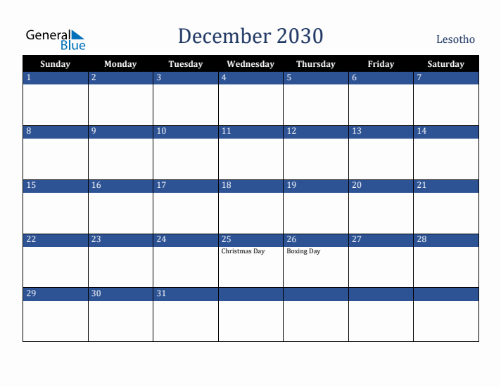 December 2030 Lesotho Calendar (Sunday Start)