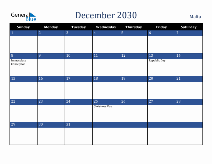 December 2030 Malta Calendar (Sunday Start)