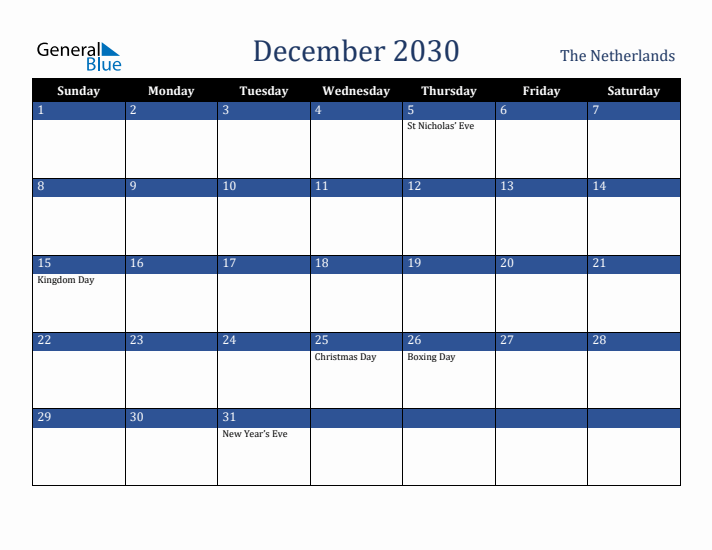 December 2030 The Netherlands Calendar (Sunday Start)