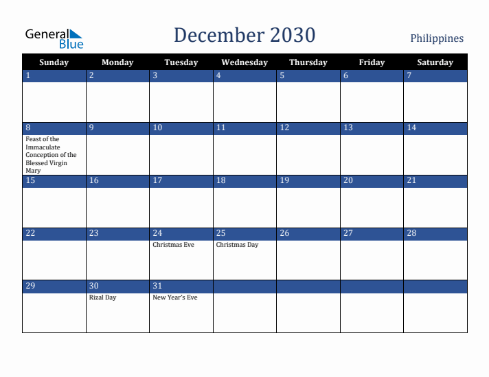December 2030 Philippines Calendar (Sunday Start)