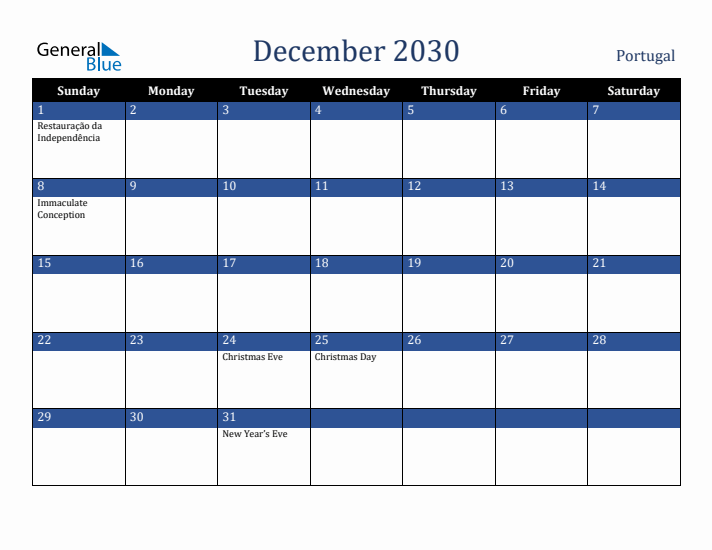 December 2030 Portugal Calendar (Sunday Start)